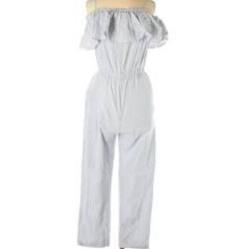 Blue and white pinstriped jumpsuit